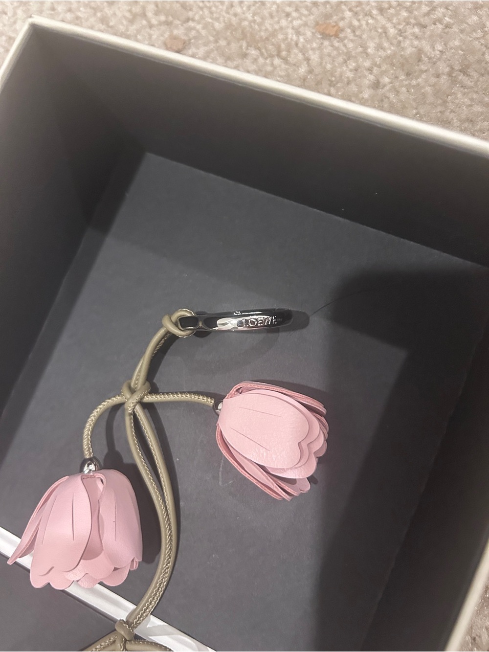 Designer Pink Leather Flower Bag Charm with Silver Ring - Picture 5 of 5